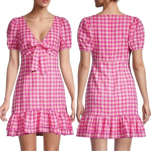 NWT LIKELY Kai Check Ruffle Hem Puff Sleeve Mini Dress in Fuchsia Multi size 10 - Picture 2 of 15
